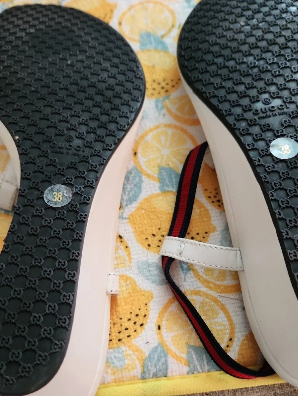 Gucci White T-Strap Sandals with Red and Navy Webbing